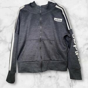 Adidas Girls Gray Full-Zip Hoodie with 3 Stripes and Logo